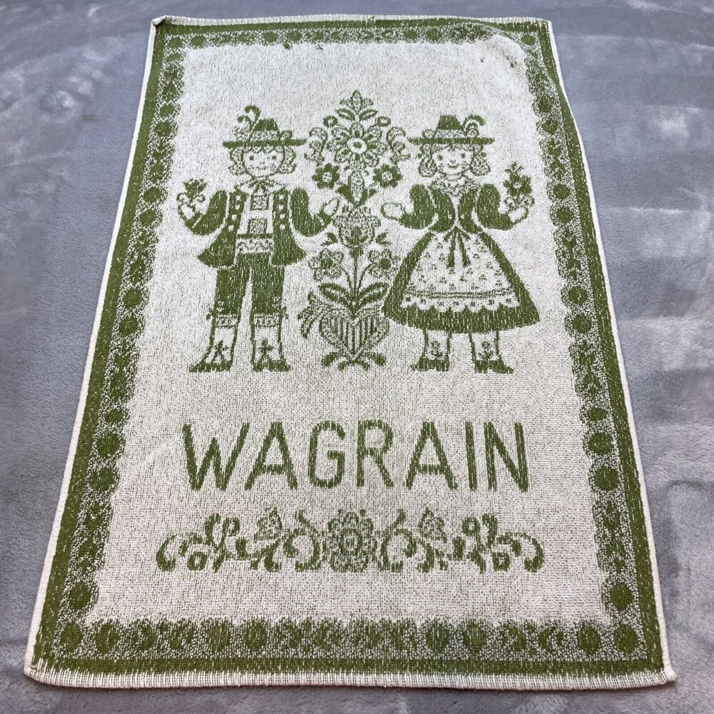 Vintage‎ Wagrain Austria Hand Dish Towel Cotton Terrycloth Green White Folk Art